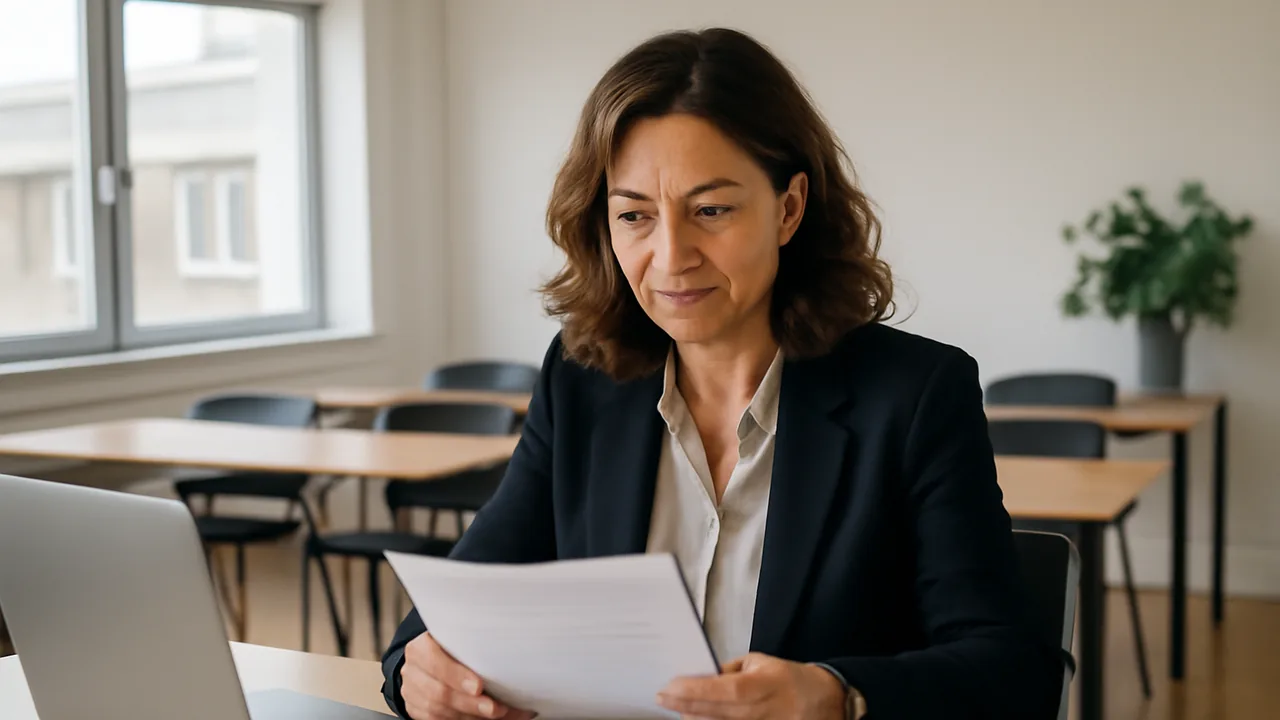 Dirigeante d'un organisme de formation relisant son contrat d'assurance responsabilité civile professionnelle dans une salle de formation