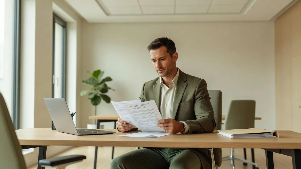 Formateur relisant un contrat d'assurance responsabilité civile professionnelle
