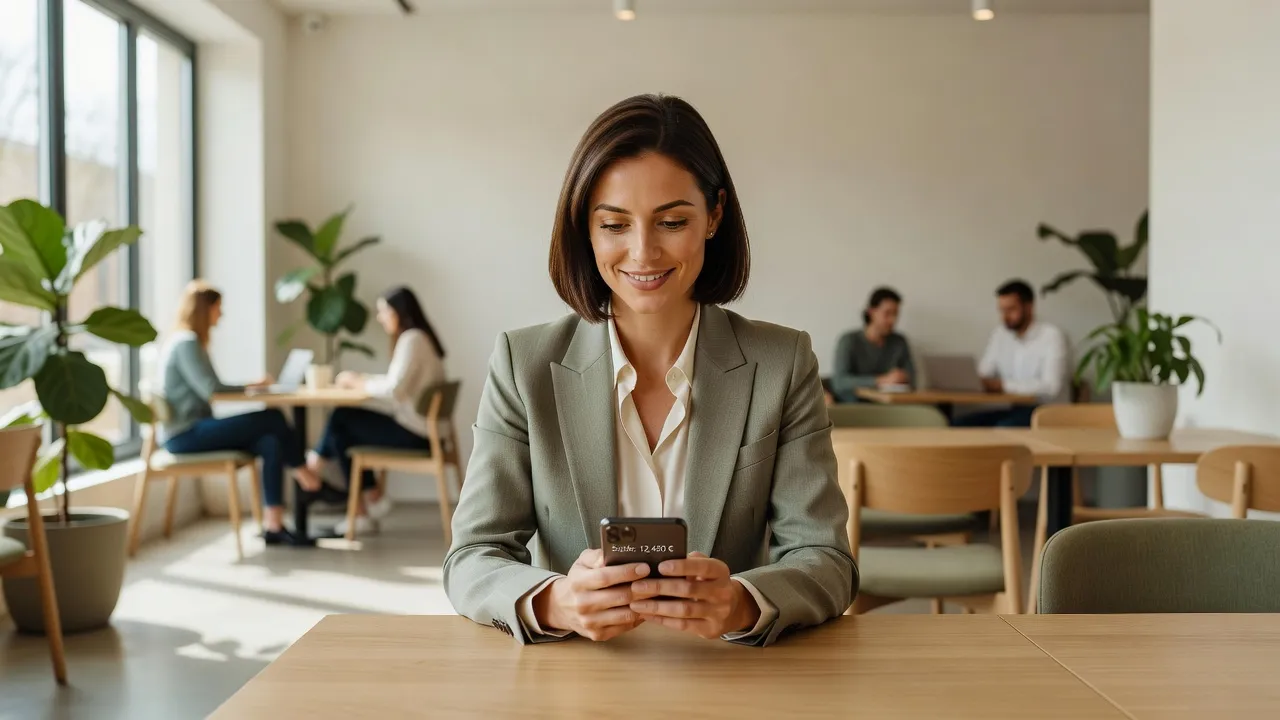 Formatrice indépendante consultant son compte bancaire professionnel sur son téléphone