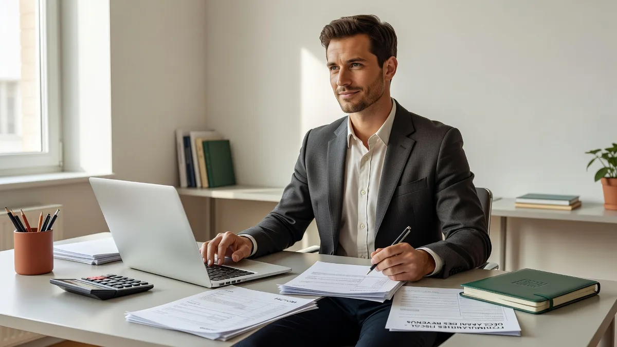 Formateur indépendant organisant ses documents fiscaux et factures sur un bureau professionnel