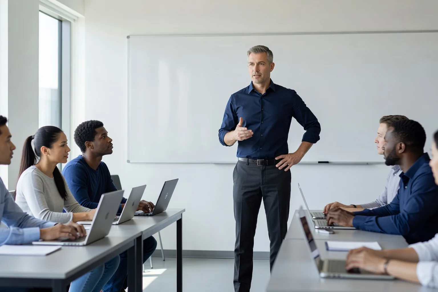 Formateur indépendant animant une session de formation dans une salle louée par un organisme de formation