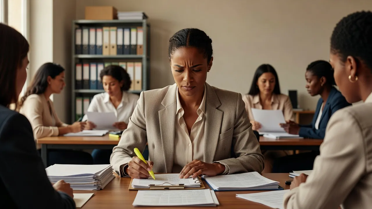 Formatrice indépendante préparant une réponse à un appel d'offres de formation, dossier de consultation et notes sur son bureau